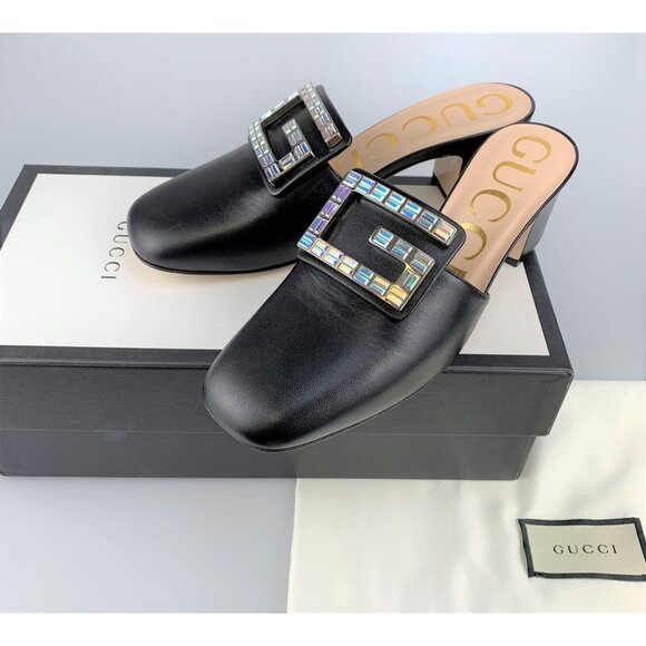 NIB Authentic GUCCI Madelyn Crystal G Mules In Black Size 37.5 - Picture 1 of 11